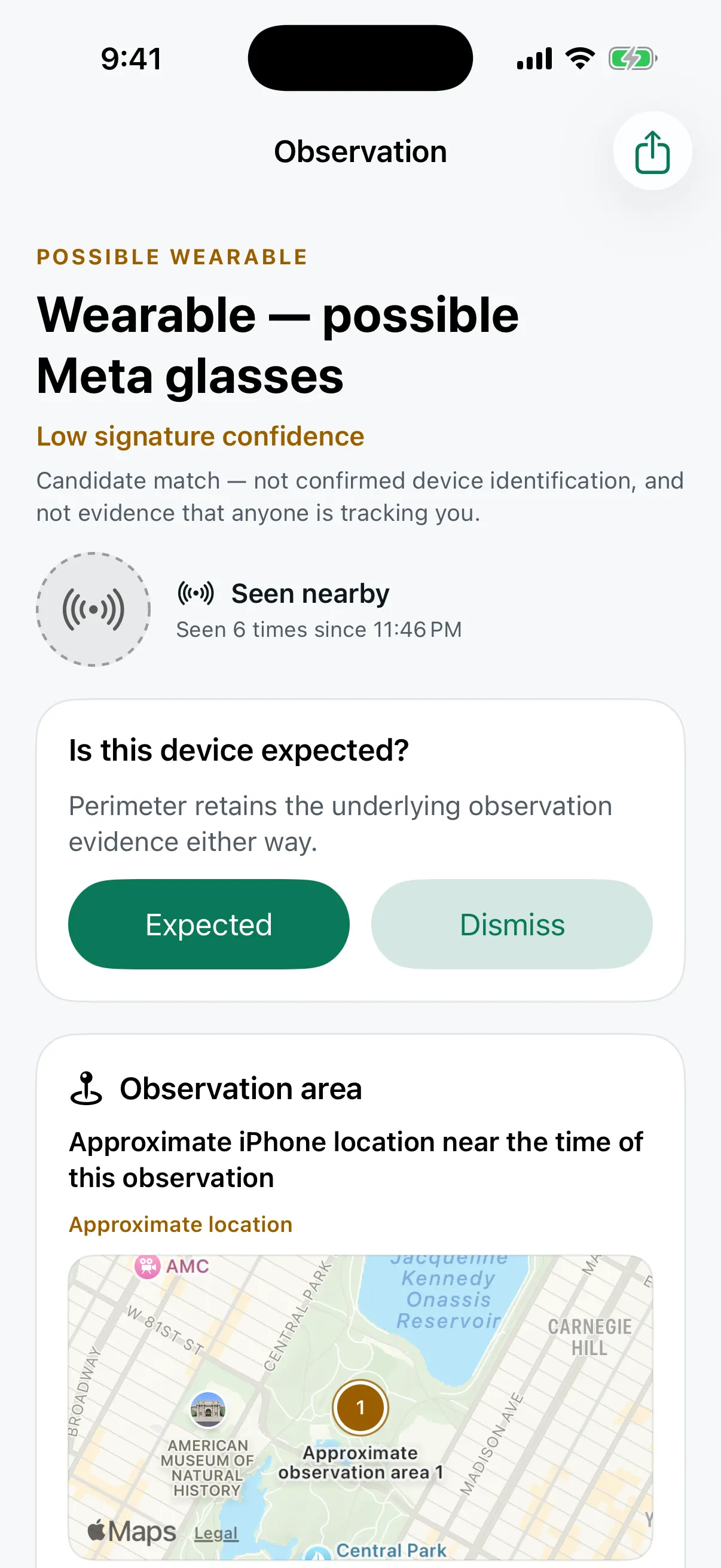 An example smart-glasses observation in Perimeter, labeled as a candidate match with an approximate observation area.