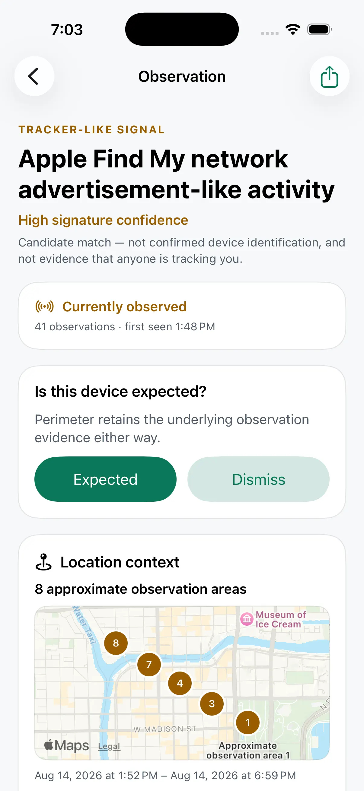 Perimeter observation screen showing a tracker-like signal labeled as a candidate match with high signature confidence, review controls, and a map of eight approximate observation areas.